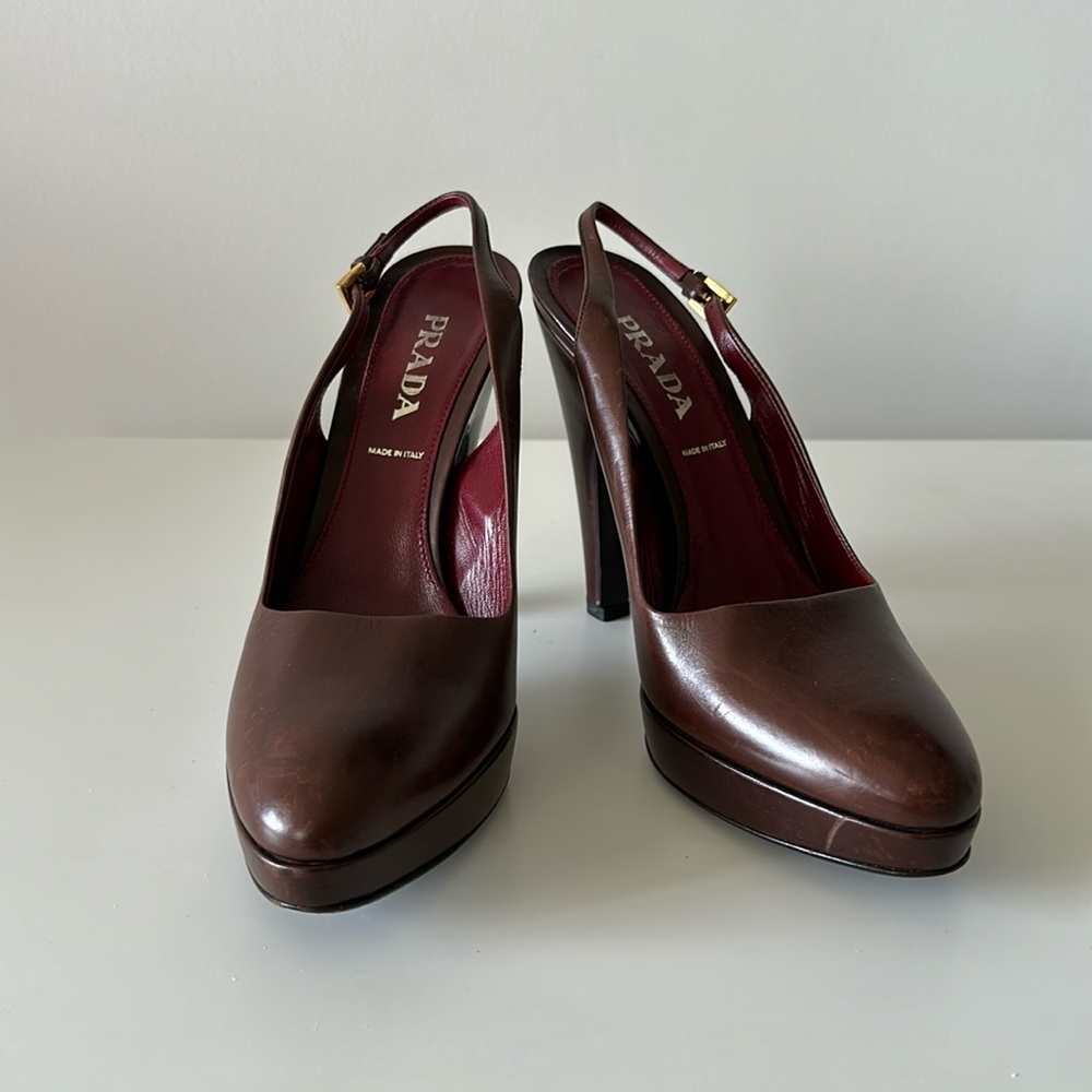 Prada Brown Leather Platform Slingback Heels